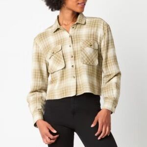 Ashley By 26 International Tan Plaid Cropped Flannel Shacket Wool Blend -Medium